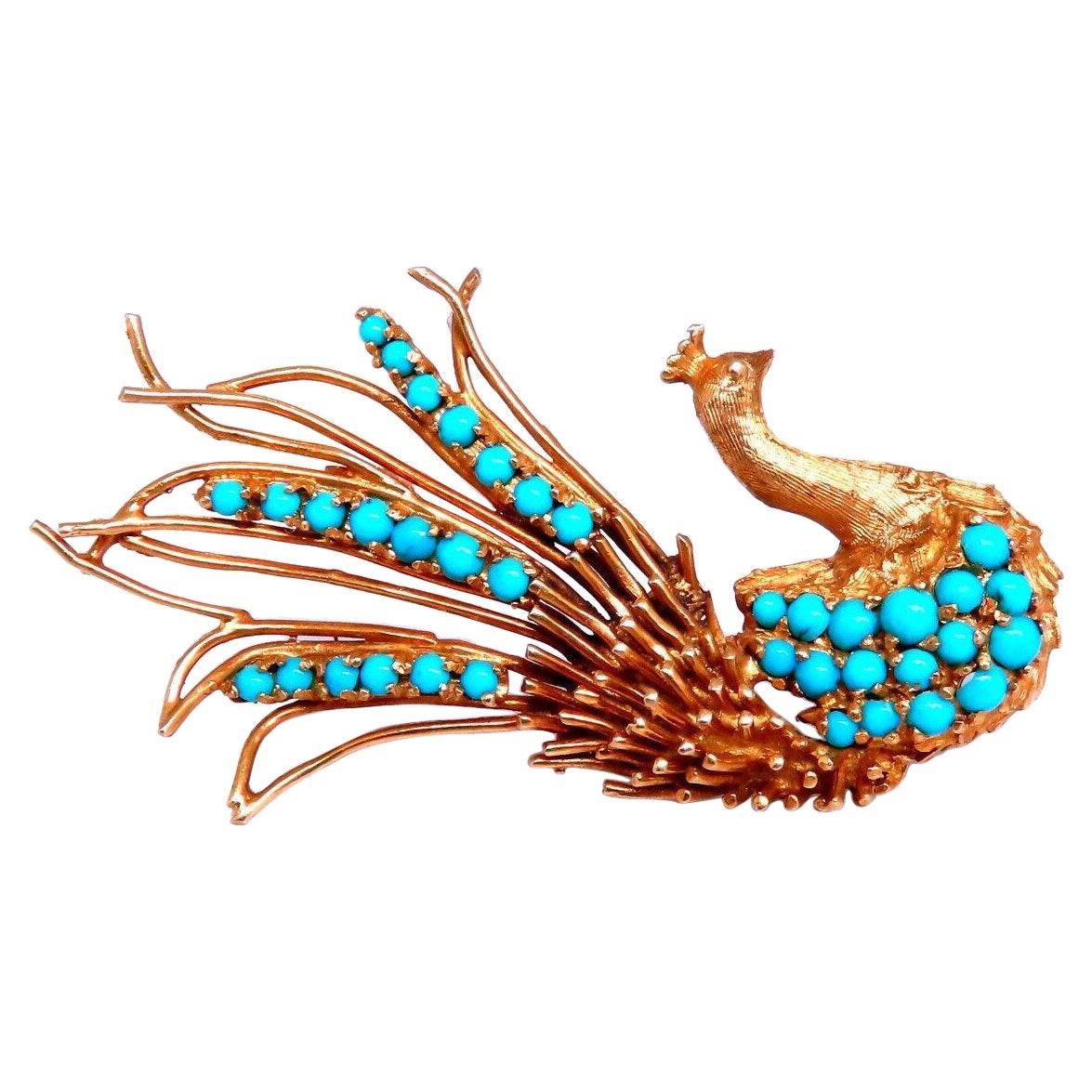 18kt Gold Natural Turquoise Peacock Pin Vintage For Sale
