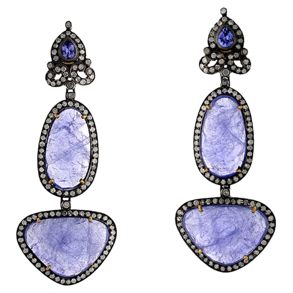 Two Tier Multishaped Tanzanite Dangle Earring With Diamonds In 18k Gold & Silver For Sale