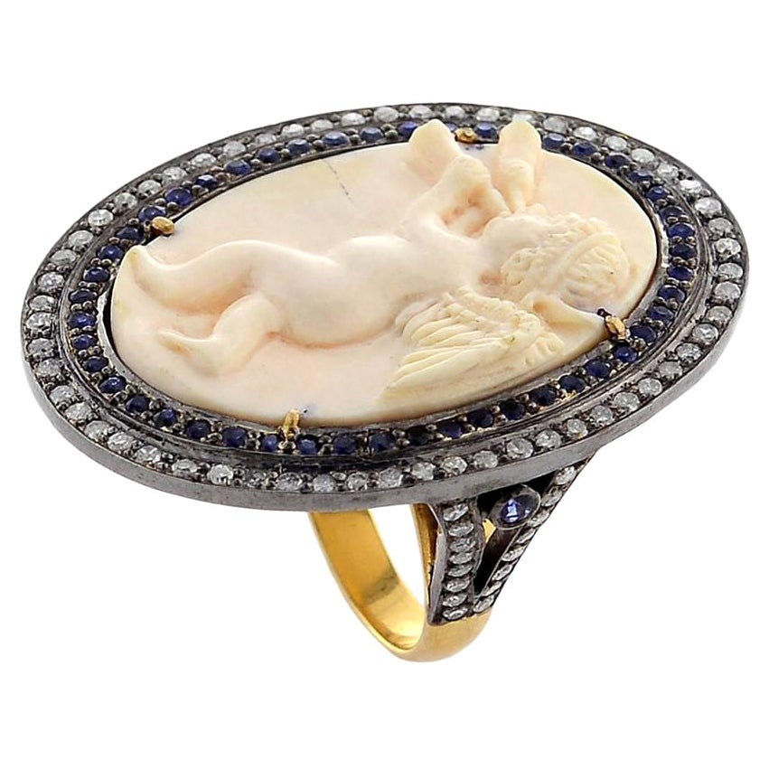 Cameo Cupid Cocktail Ring With Blue Sapphire & Diamonds In 18k Gold & Silver