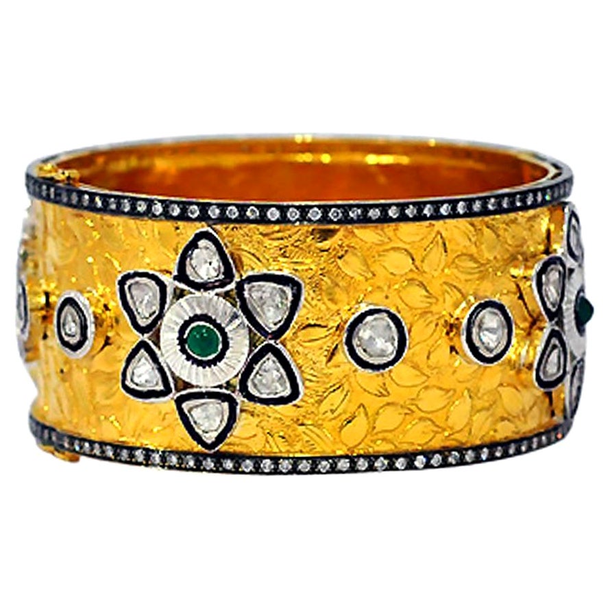 Flower Patterned 18K Yellow Gold Bangle with Diamonds and Emeralds