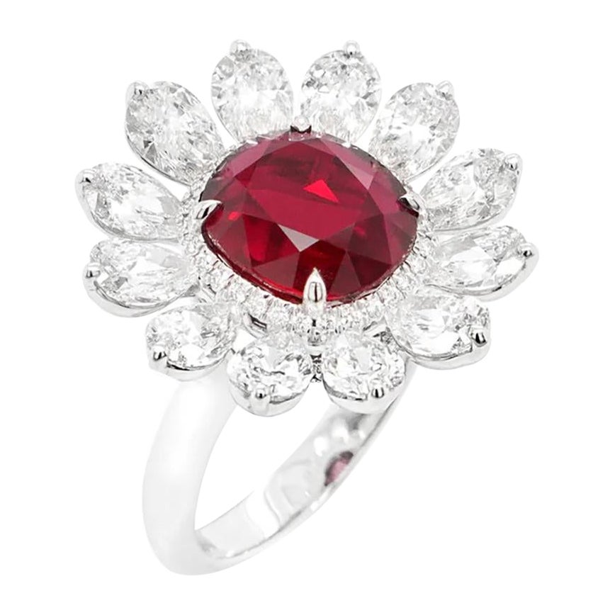 BENJAMIN FINE JEWELRY 4.05 cts Unheated Cushion Ruby with Diamond Ring For Sale