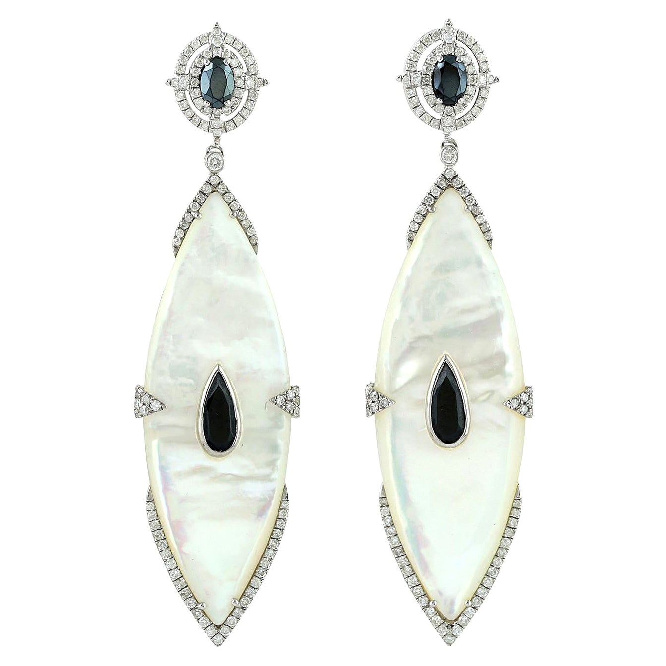 Marquise Shaped Mother of Pearl Earring with Spinel and Diamonds In 18k Gold For Sale