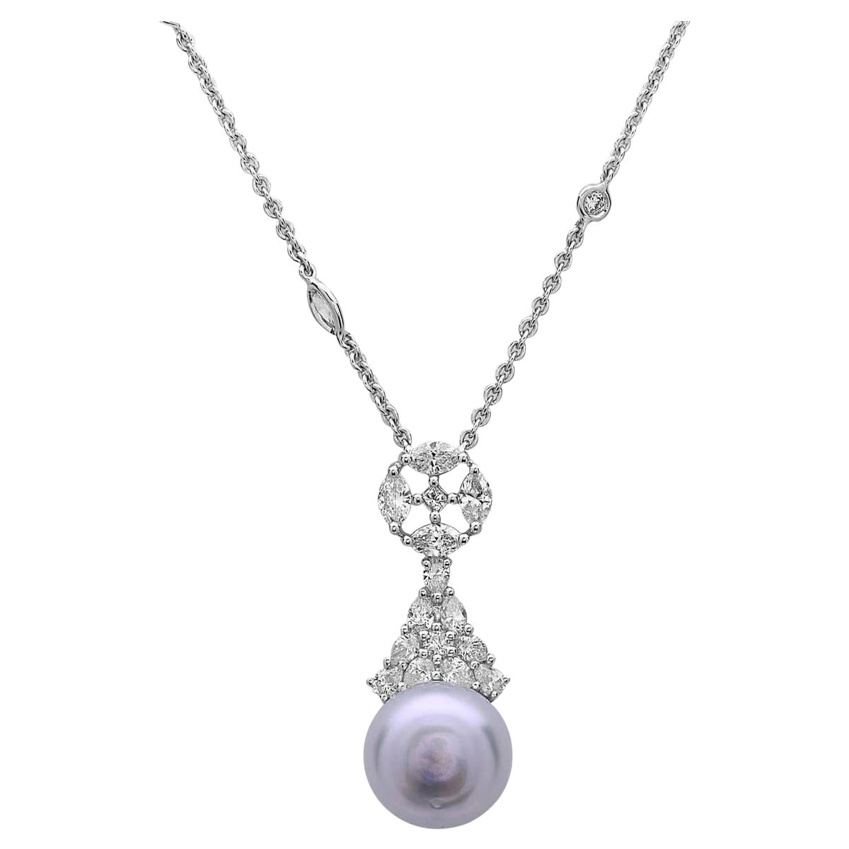 Gorgeous Pearl Diamond Gold Drop Chain Necklace Made In 18k White Gold