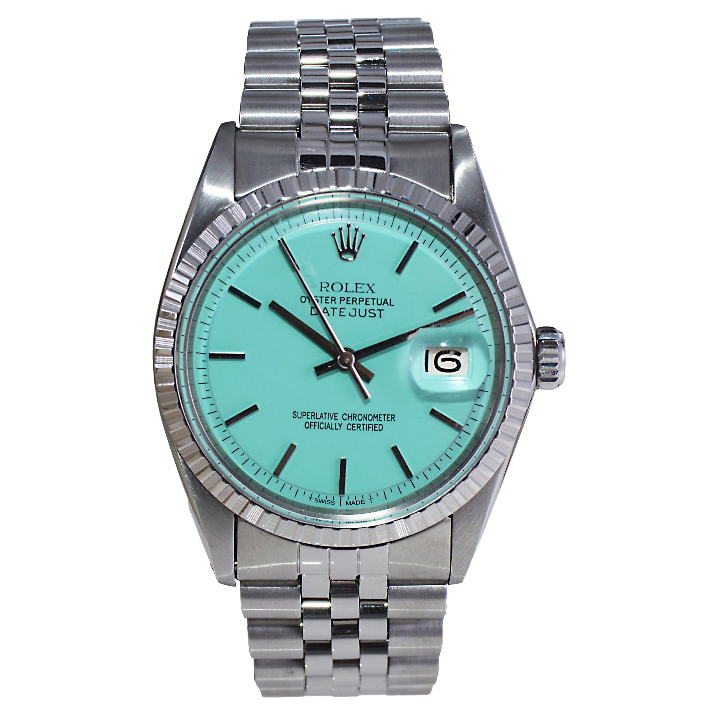 Rolex Montre Datejust en acier inoxydable avec cadran bleu Tiffany fait sur-mesure, années 1970