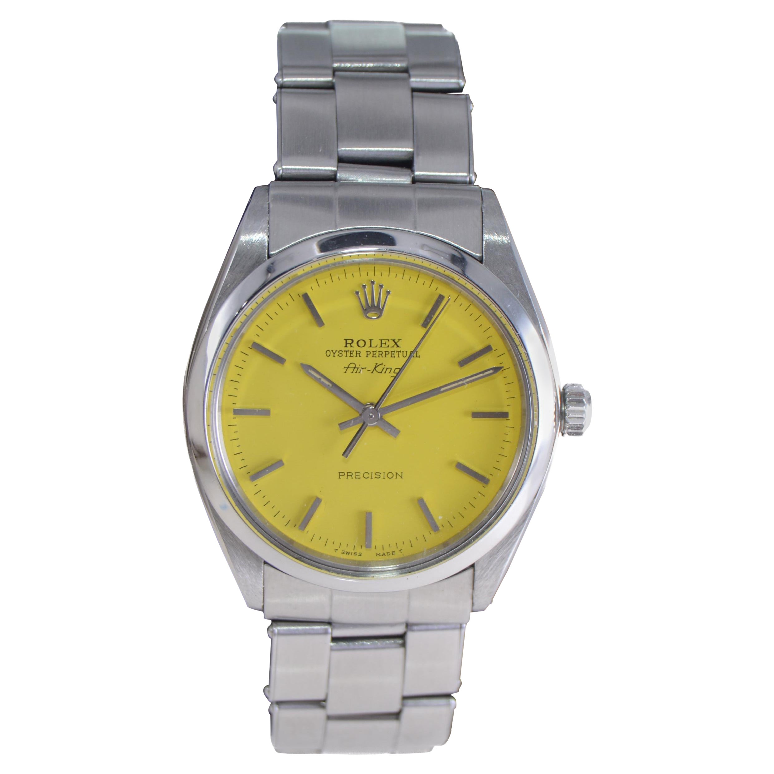 Rolex Steel Oyster Perpetual Air King with Custom Yellow Dial 1970s For Sale 6
