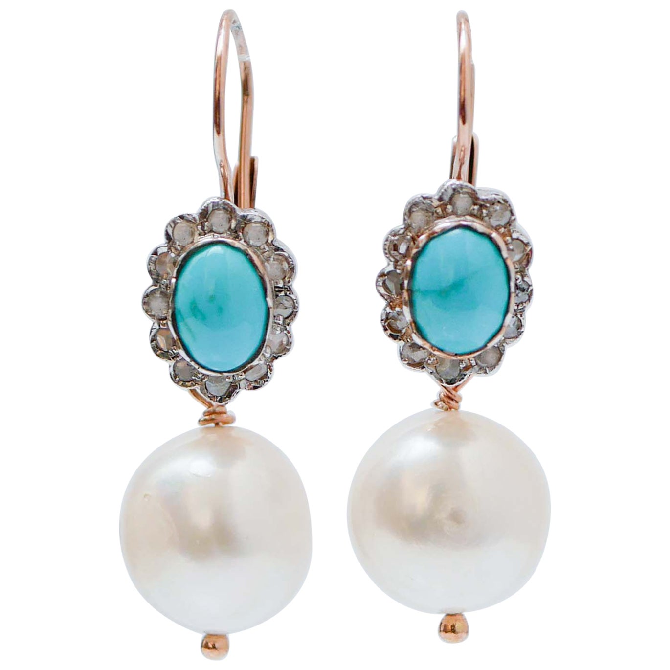 White Pearls, Turquoise, Diamonds, Rose Gold and Silver Dangle Earrings.