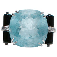 Vintage Aquamarine, Diamonds, Onyx, Platinum Ring.