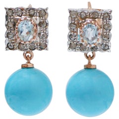 Magnesite, Aquamarine Color Topazs, Diamonds, Rose Gold and Silver Earrings.