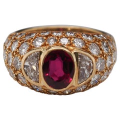 18 Karat Yellow Gold Vintage FOUGERAY Ruby and Diamond Ring with GIA