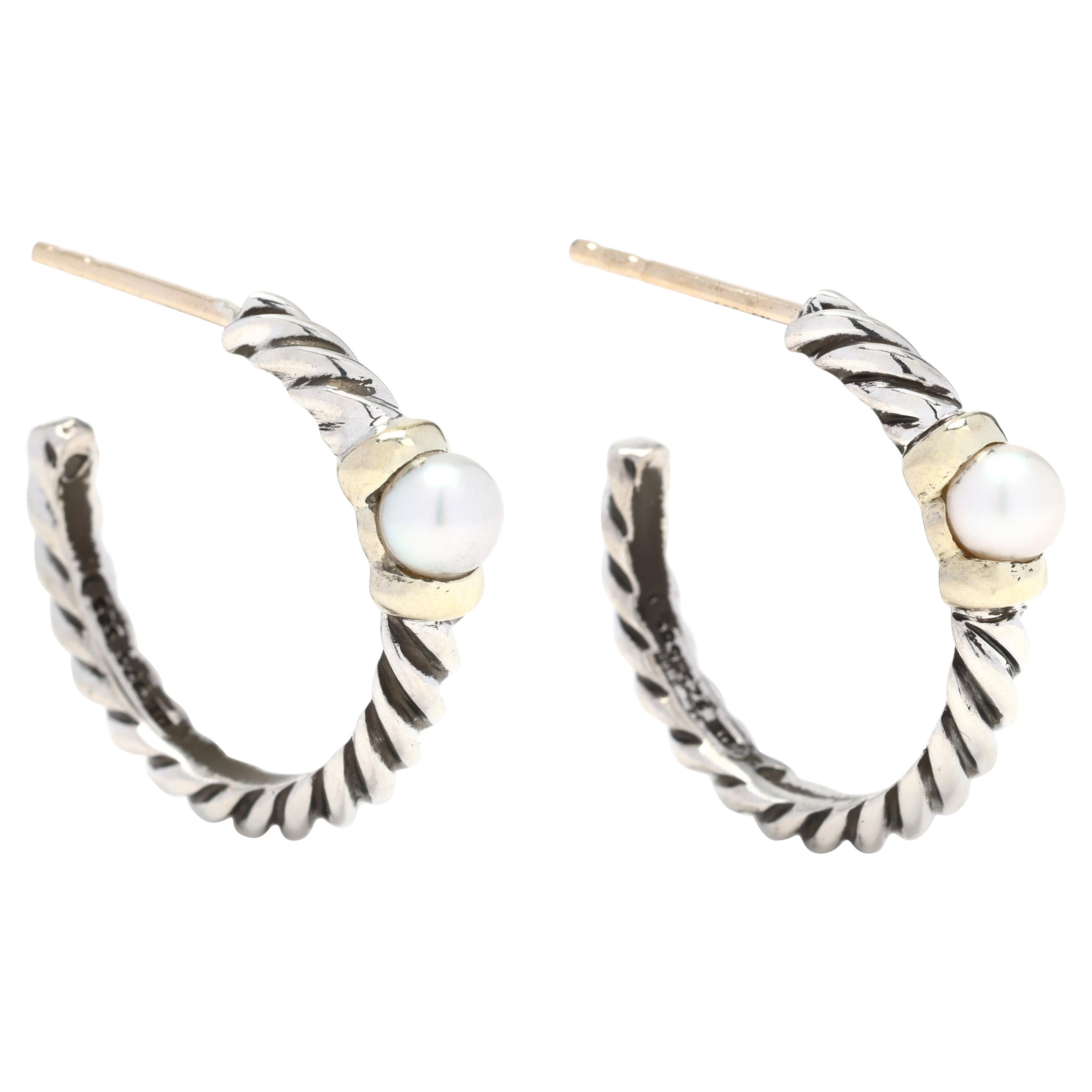 David Yurman Pearl Twisted Hoops, 14k Yellow Gold and Sterling Silver, Classic