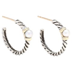 David Yurman Pearl Twisted Hoops, 14k Yellow Gold and Sterling Silver, Classic