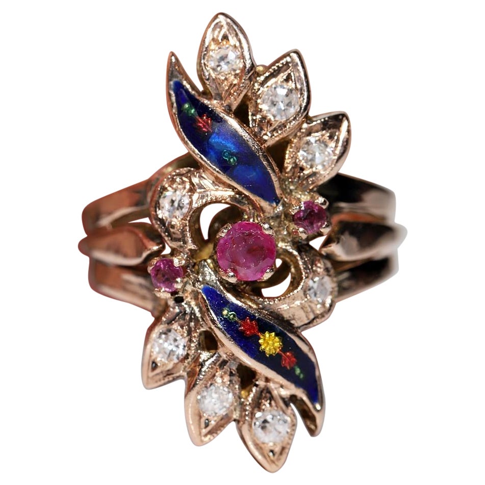 Vintage Circa 1970s 8k Gold Natural Diamond And Ruby Decorated Enamel Ring For Sale