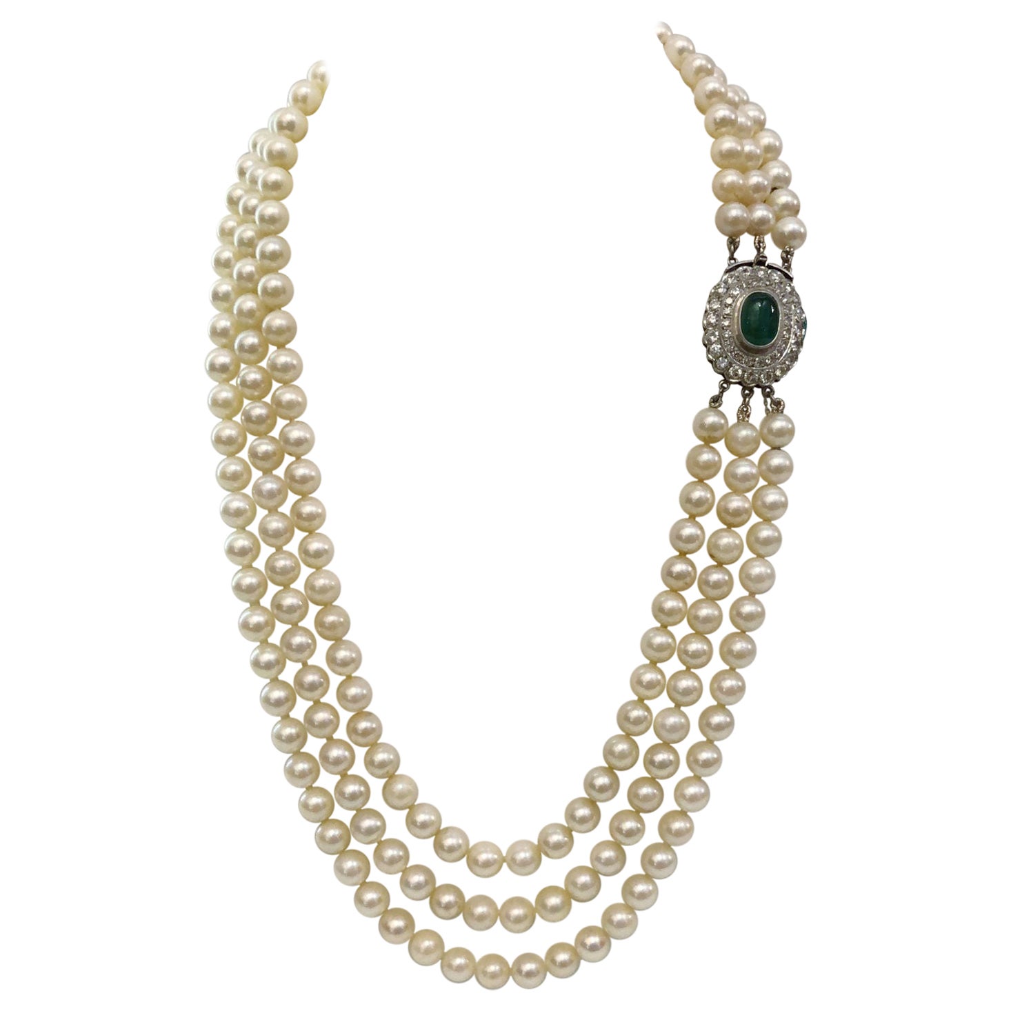 Pearl White Gold Emerald and Diamond Necklace For Sale
