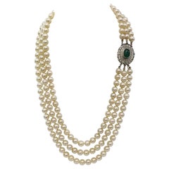 Retro Pearl White Gold Emerald and Diamond Necklace