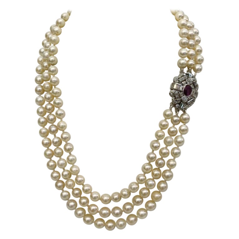 Pearl White Gold Ruby and Diamond Necklace For Sale