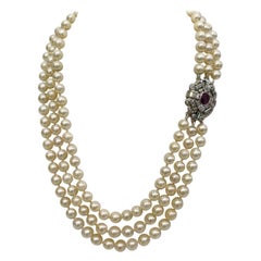 Retro Pearl White Gold Ruby and Diamond Necklace