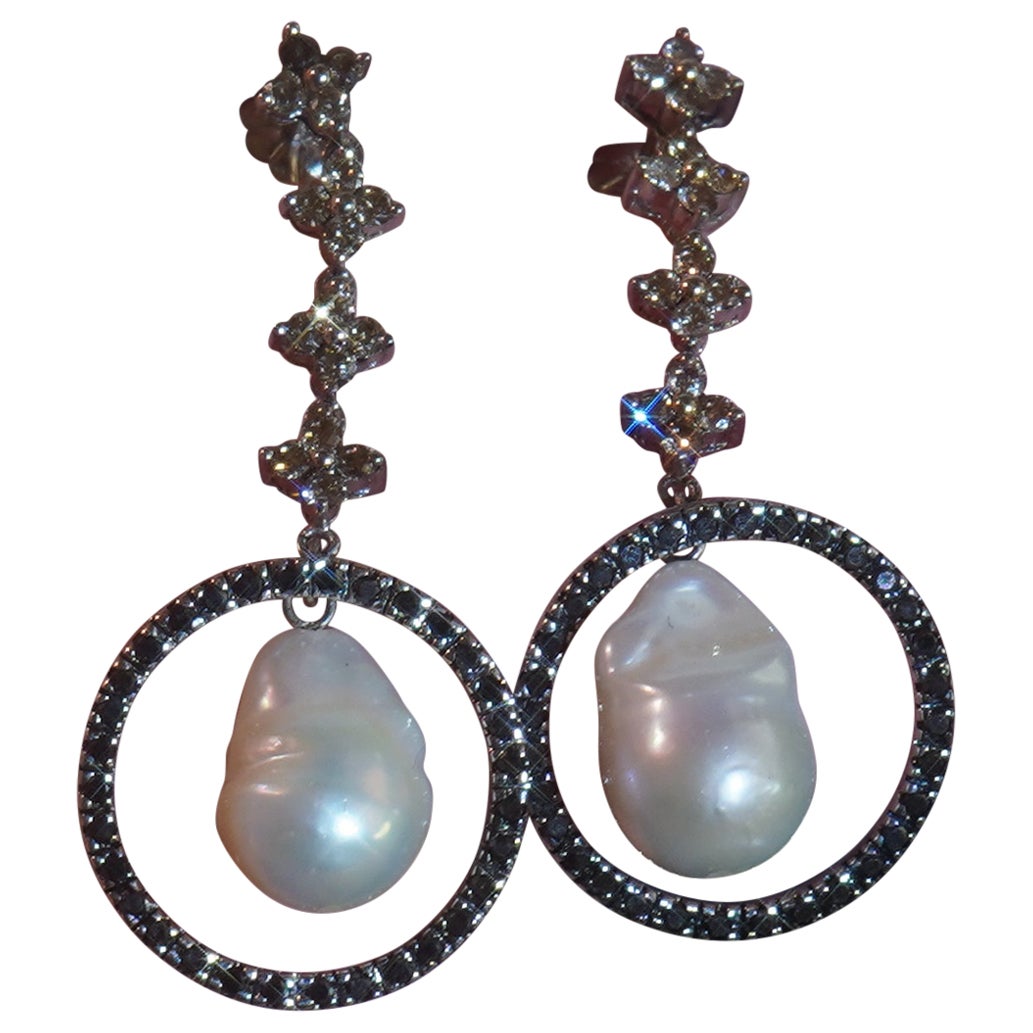 Platinum Pearl Diamond Champaign Earrings Black Southsea Vintage Baroque 2.24 CT For Sale