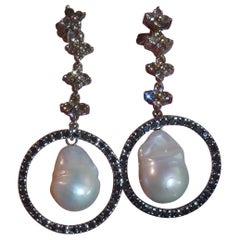 Platinum Pearl Diamond Champaign Earrings Black Southsea Vintage Baroque 2.24 CT