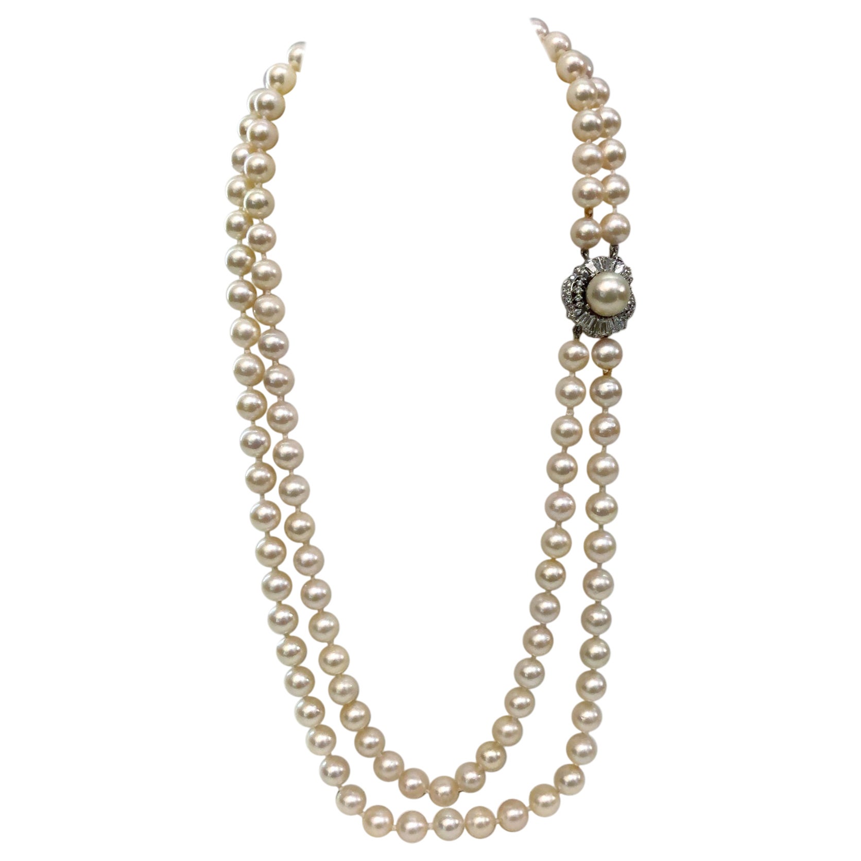 Halskette aus Platin und Platin mit Perlen, Weißgold und Diamanten im Angebot