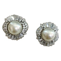 Retro Pair of Pearl White Gold Platinum and Diamond Earrings