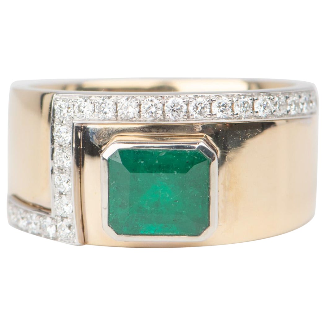 Emerald Bezel Set on 10.5mm Wide Band with Diamond Accent 14K Gold  R6668