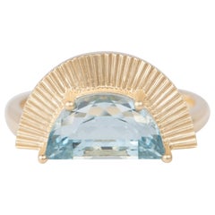 2.9ct Half Moon Shape Aquamarine with Sun Ray Ring 14K Gold R6669