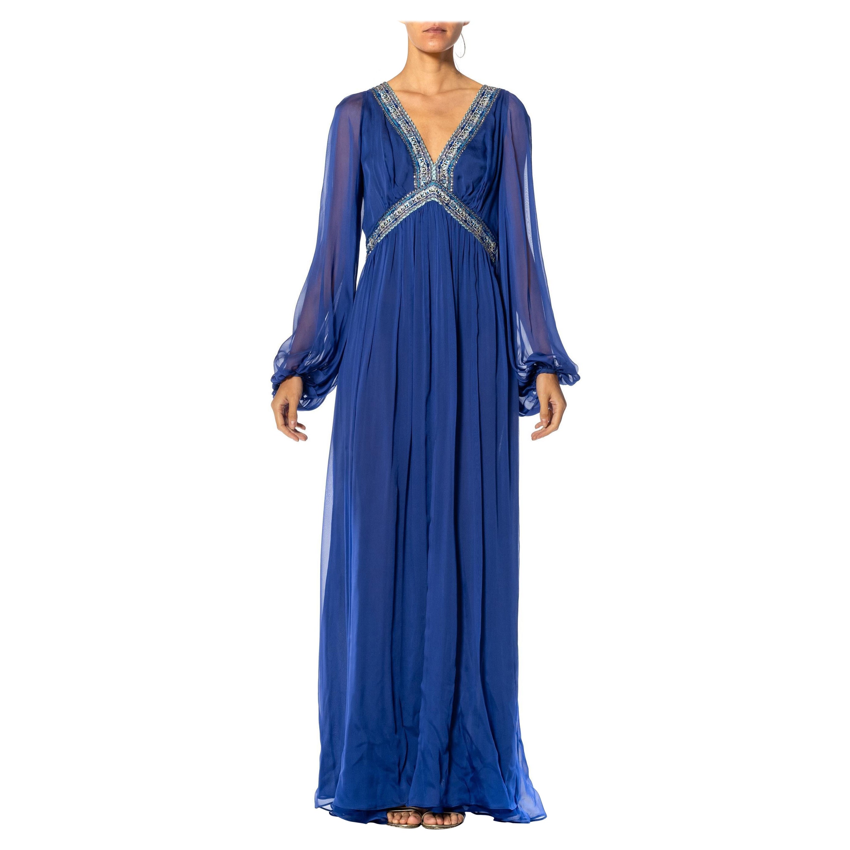 2000S EMILIO PUCCI Cobalt Blue Silk Chiffon Sleeved Gown With Beaded Print Deta For Sale