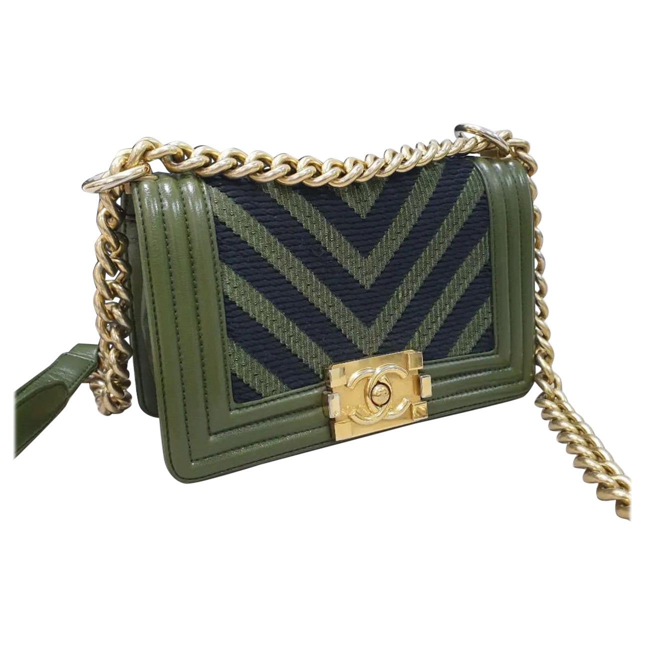 CHANEL  Olive Green Tweed Chain Chevron Boy Bag