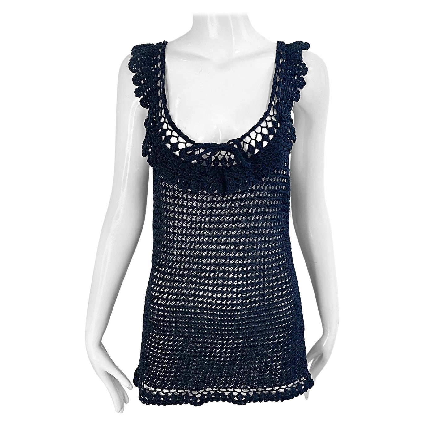 Blumarine 2000s Black Crochet Semi Sheer Size 46 Tunic Top Mini Dress Y2K For Sale