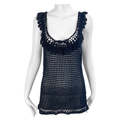 Blumarine 2000s Schwarz Crochet Semi Sheer Größe 46 Tunika Top Mini Kleid Y2K