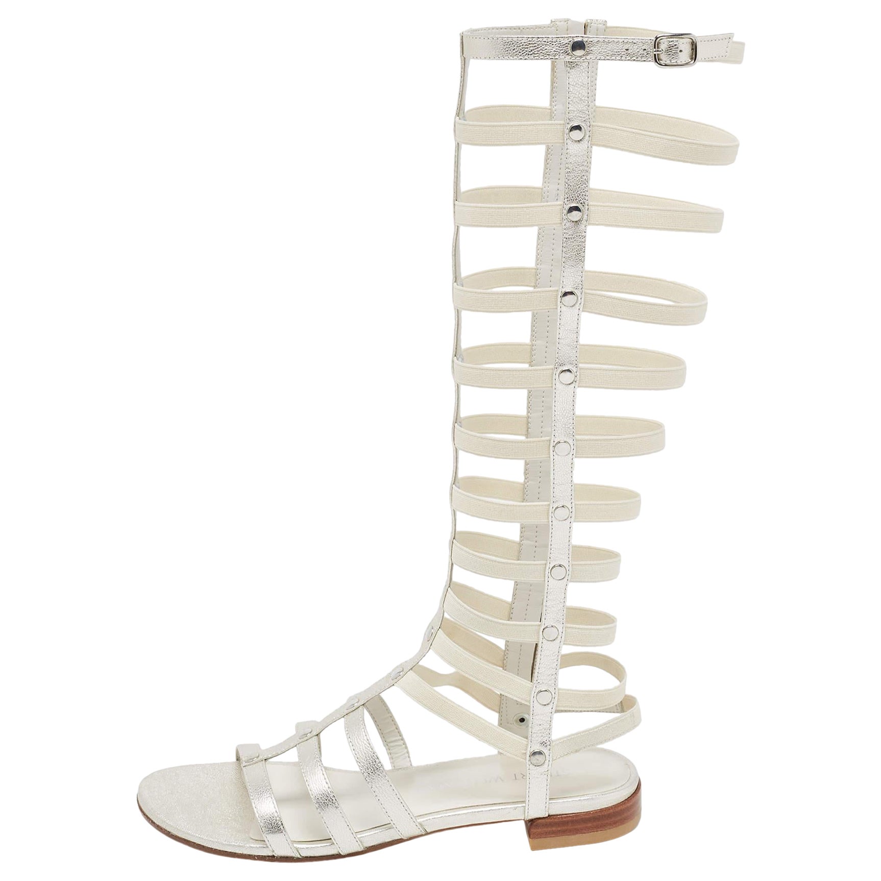 Stuart Weitzman Silver Leather And Elastic Gladiator Flat Sandals Size 36 For Sale