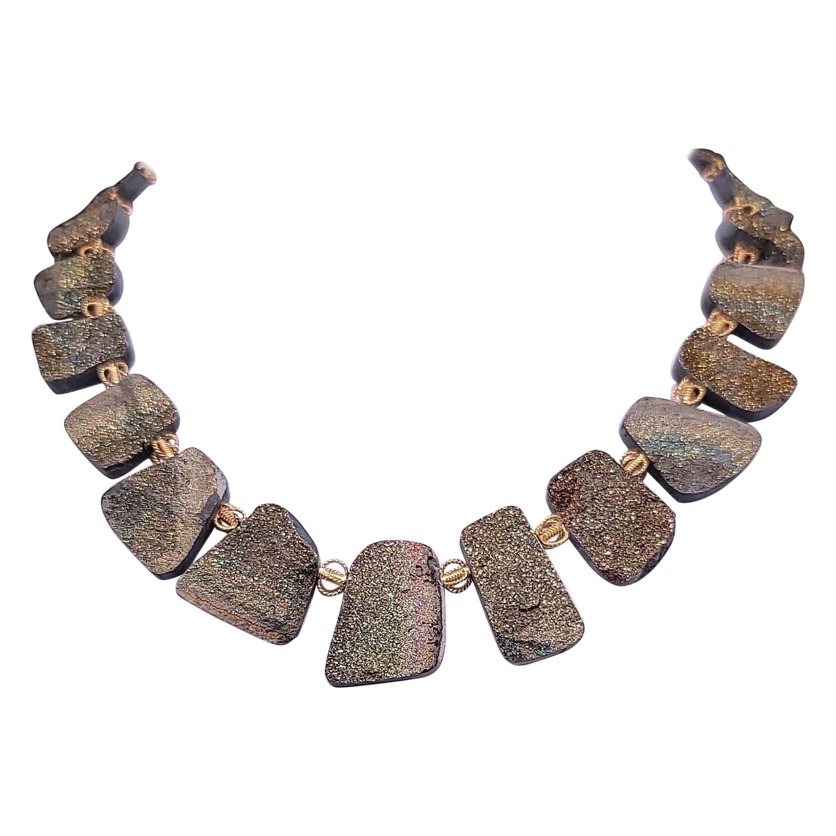 A.Jeschel Rainbow Druzy Pyrite plates necklace. For Sale