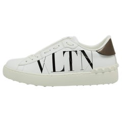 Valentino White/Grey Leather VLTN Rockstud Sneakers Size 37