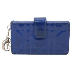 Christian Dior Portacarte a soffietto in pelle verniciata blu Cannage