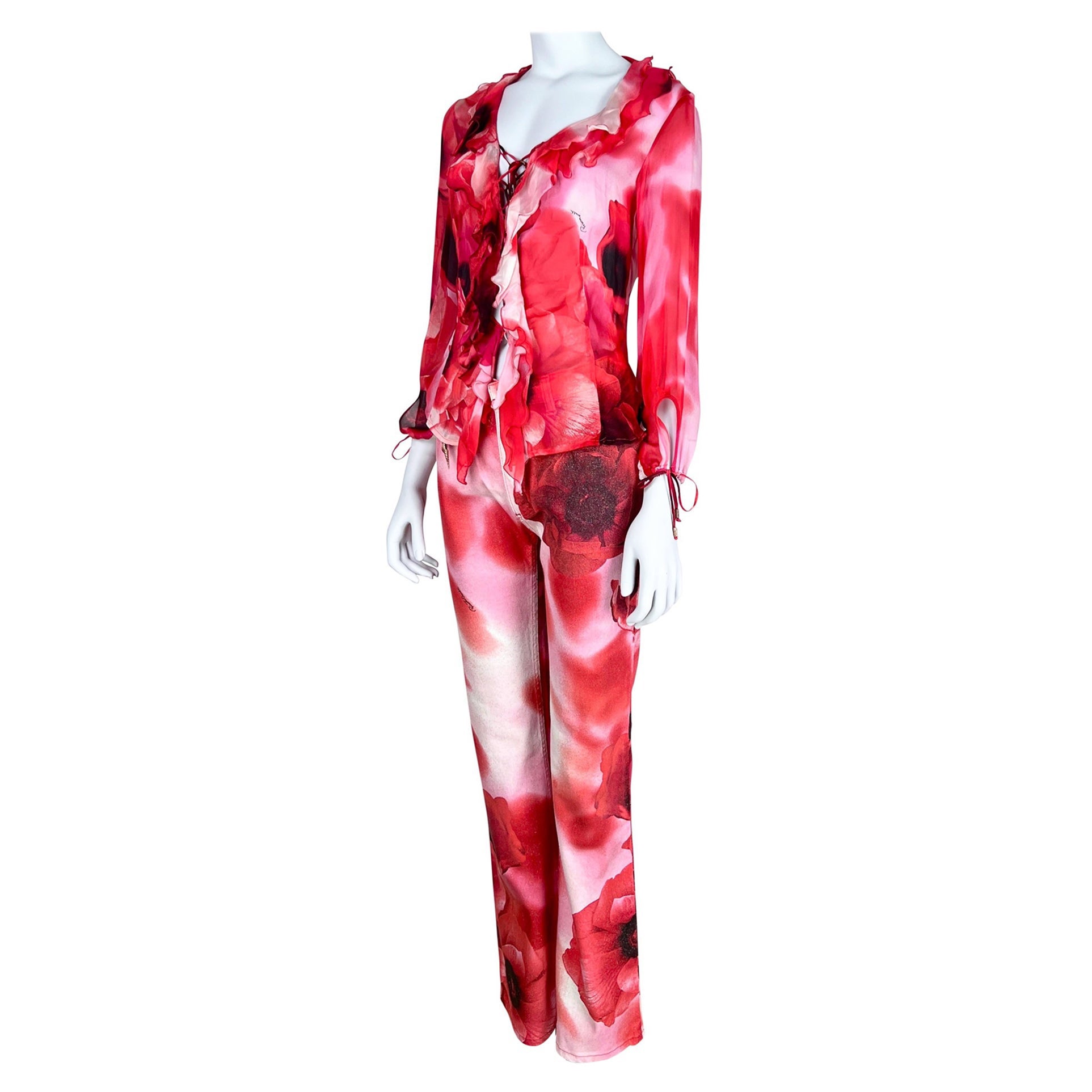 Roberto Cavalli Spring 2002 Poppy Print Blouse and Jeans Set For Sale