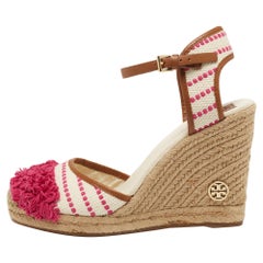 Tory Burch Pink/White Canvas And Leather Espadrille Wedge Platform Ankle Strap 