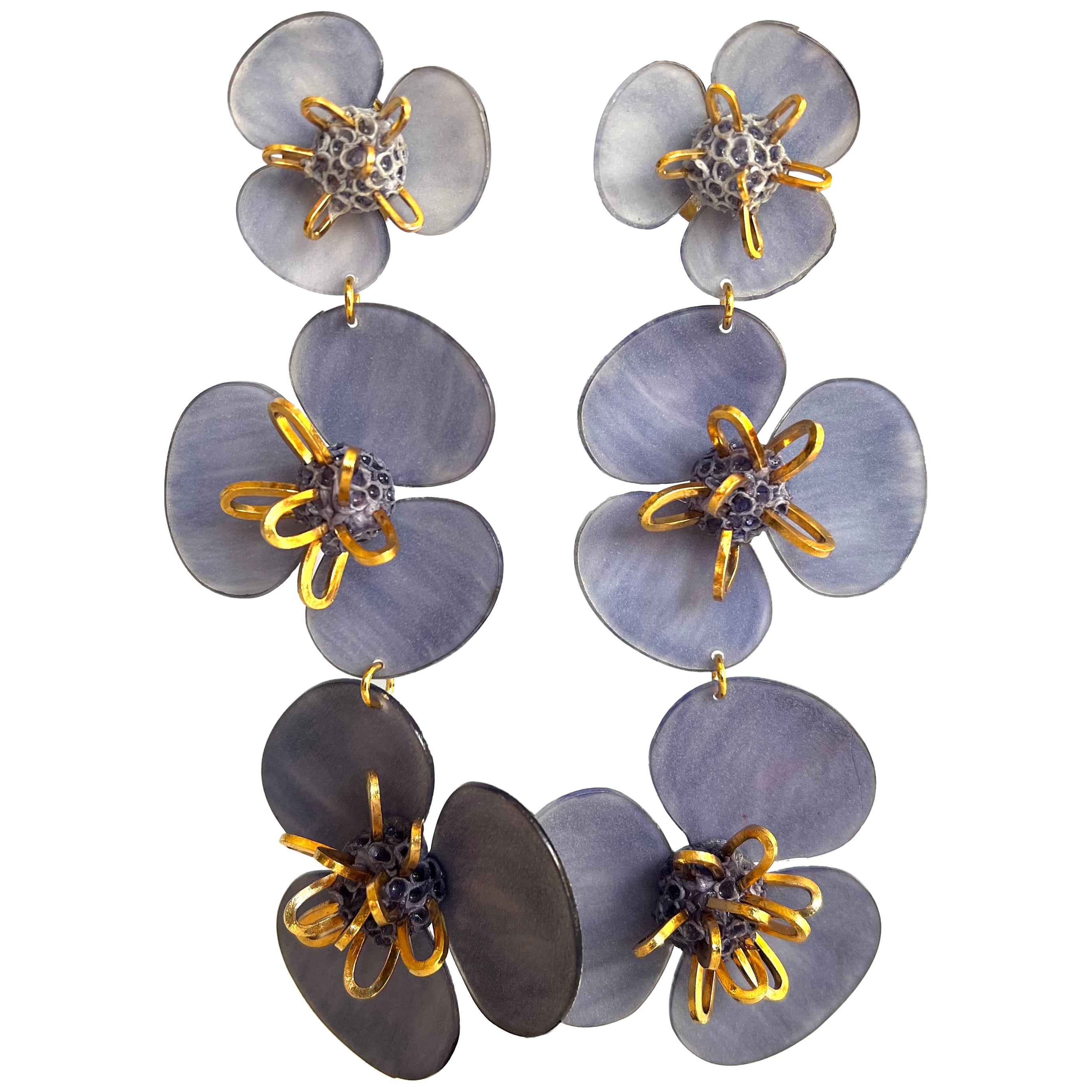 Lavender and Gold Triple Flower Dangle Earrings  For Sale