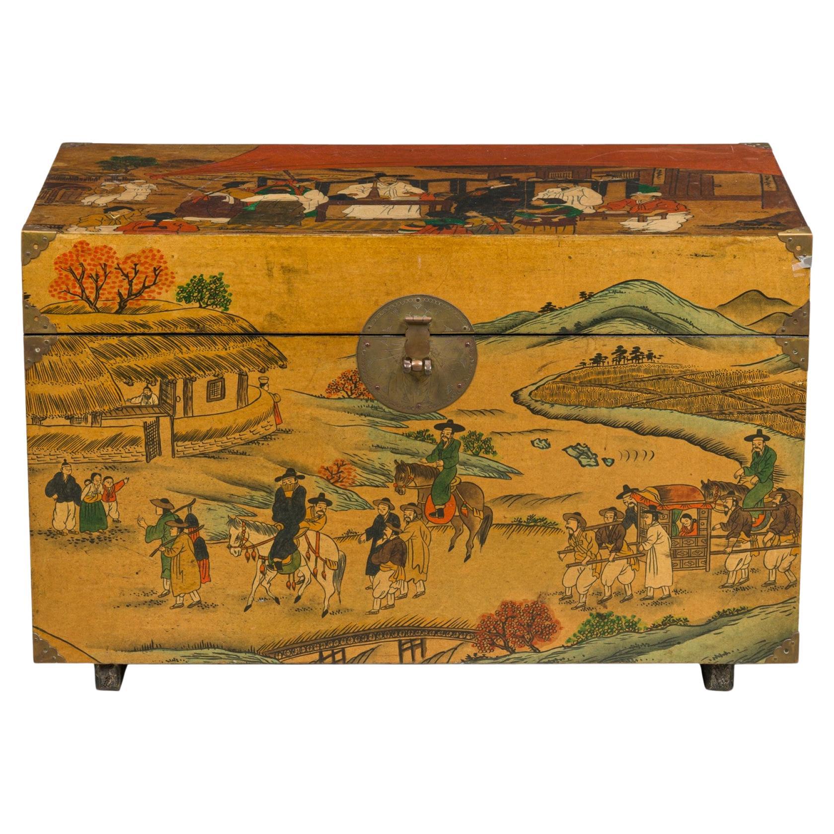 Asian Chinese Box Hand Painted with Depiction of a Village Gathering For Sale