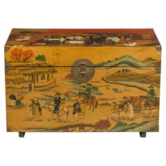 Asian Chinese Box Hand Painted with Depiction of a Village Gathering