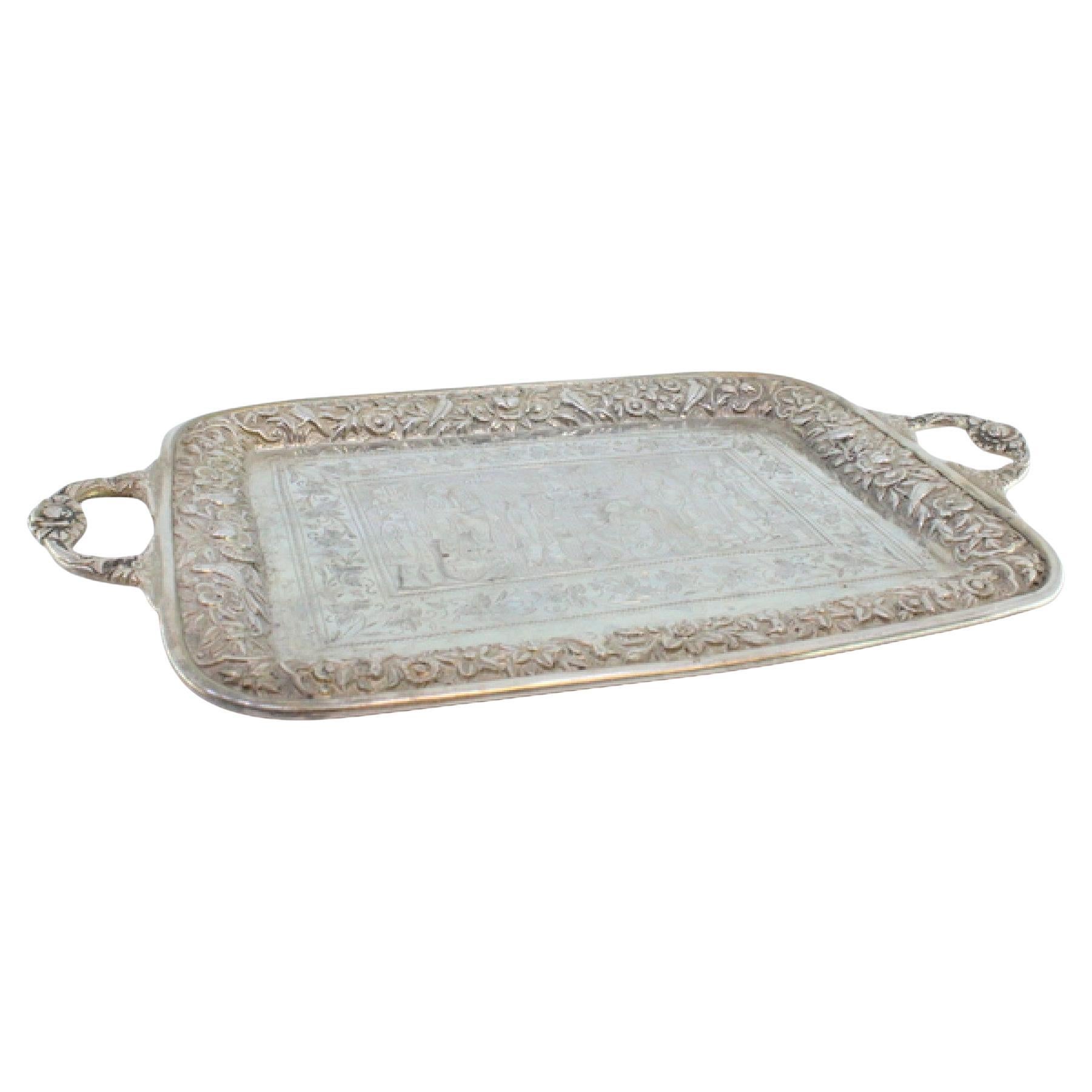 Islamic-style silver tray w/ raised florals 
scene of veneration