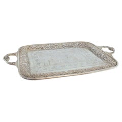 Islamic-style silver tray w/ raised florals 
scene of veneration