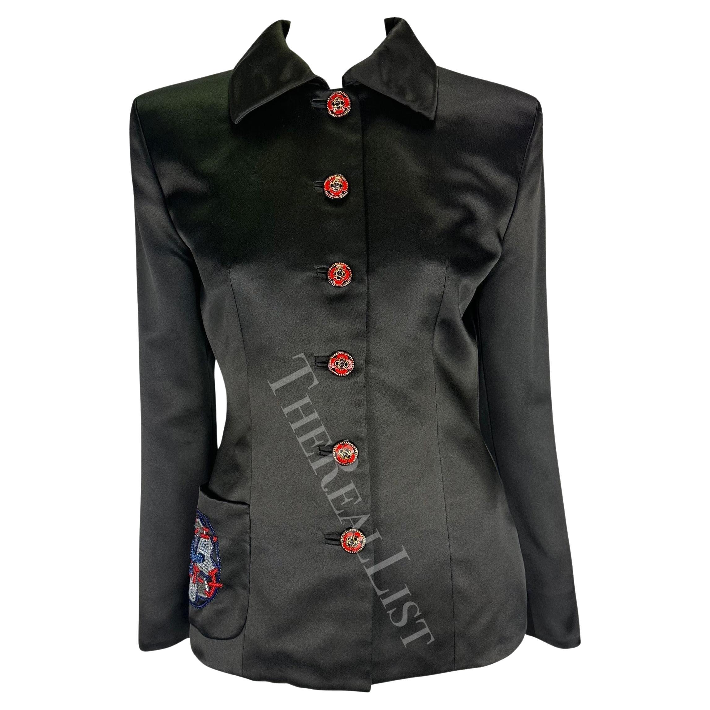 Presenting a fabulous black silk satin Atelier Versace evening jacket, designed by Gianni Versace. From the Fall/Winter 1997 collection, this custom handmade jacket is constructed entirely of luxurious black silk satin and is made complete with