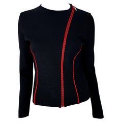 Early 2000s Gianni Versace by Donatella Red Leather Logo Appliqué Knit Zip Top