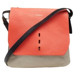 Furla Orange/Grey Leather And Suede Flap Shoulder Bag