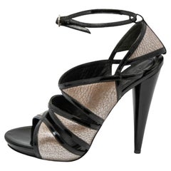 Alexander McQueen Black/Silver Leather and Patent Ankle Strap Sandals Size 35.5