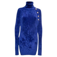 Balmain Blue Knit Button Embellished Turtleneck Sweater Dress M