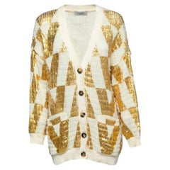 Valentino White & Gold Coated Wool Knit Oversized Cardigan XS