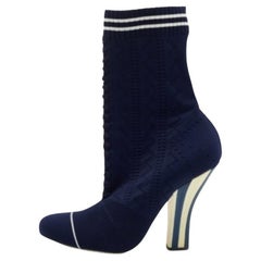 Fendi Navy Blue Knit Fabric Rockoko Mid Calf Boots Size 40