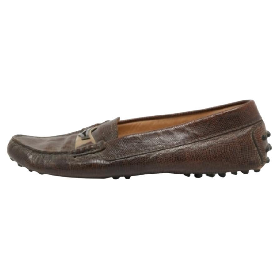 Tod's Dark Brown Lizard Embossed Leather Driver Loafers Size 37.5