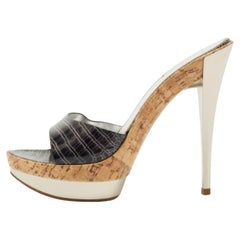 Casadei Black Croc Embossed Patent Leather Cork Platform Sandals Size 39